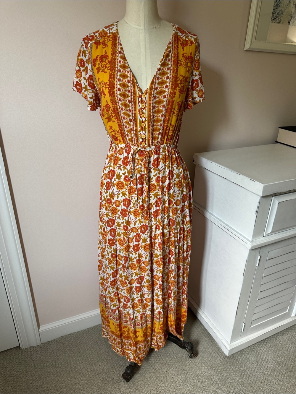 Boho Floral Maxi Dress in Mustard and Rust